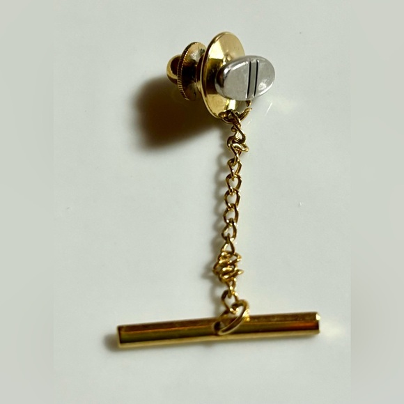 Vintage Silvertone 1/2” Oval Tie Tack with 1 1/2” Goldtone Chain and 1” Bar - Picture 2 of 3